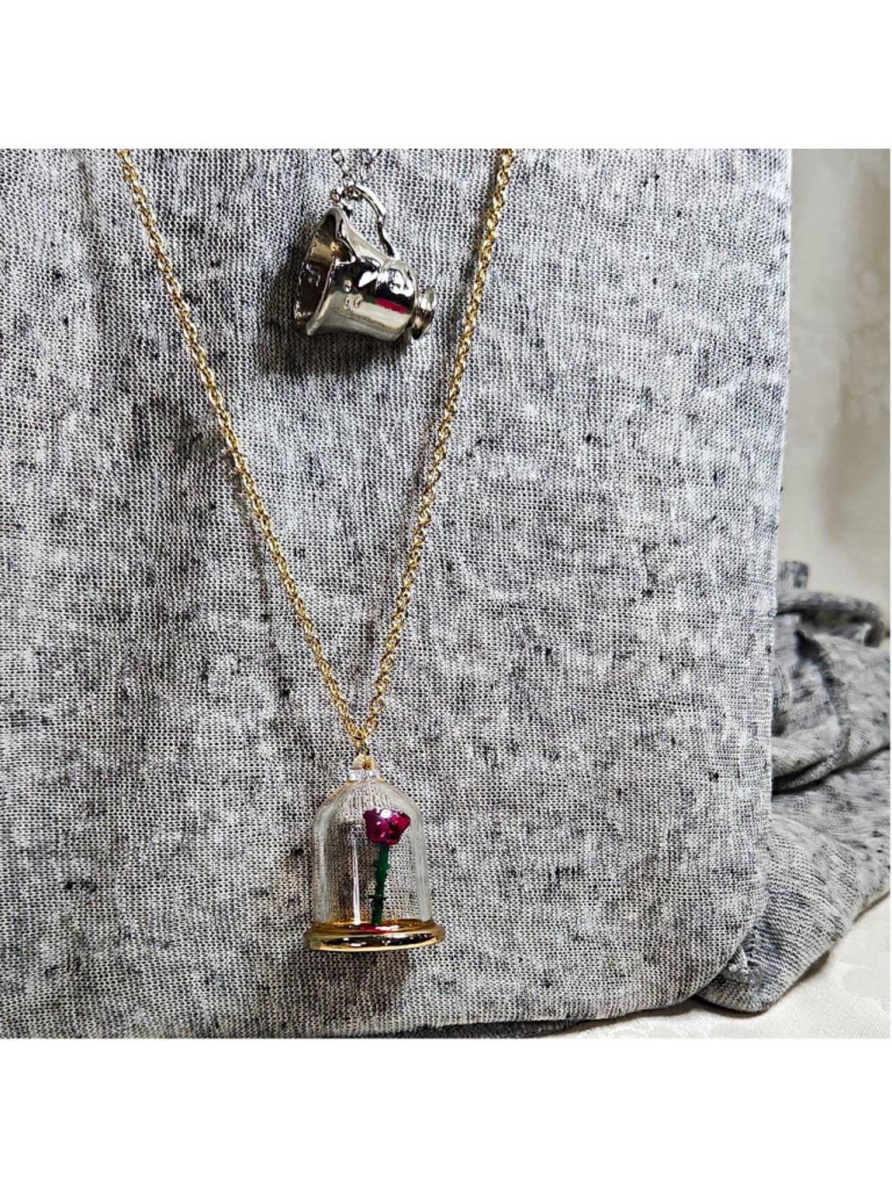 Disney Beauty and the Beast Necklace, Glass Dome Rose Pendant & Rumbelle Chipcup